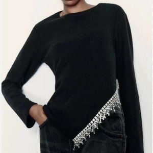NWT Zara Long Sleeve Knit Sweater with Rhinestone Fringe